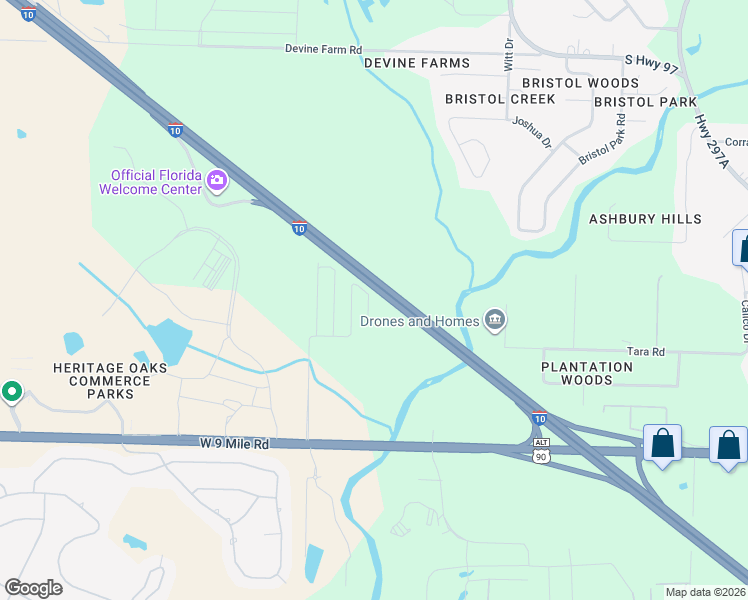 map of restaurants, bars, coffee shops, grocery stores, and more near 9808 Nature Creek Boulevard in Pensacola