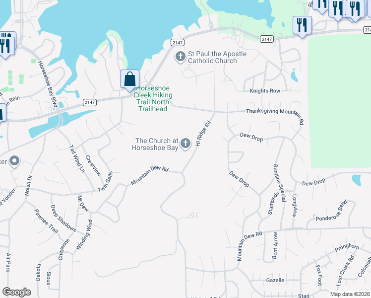 map of restaurants, bars, coffee shops, grocery stores, and more near 600 Hi Ridge Road in Horseshoe Bay