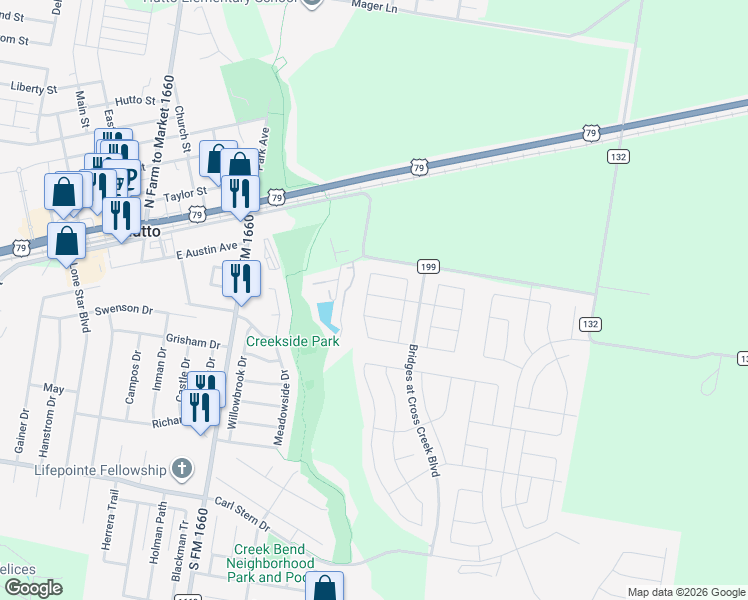 map of restaurants, bars, coffee shops, grocery stores, and more near 356 County Road 199 in Hutto