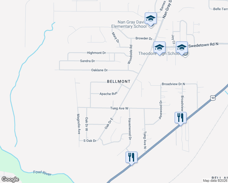 map of restaurants, bars, coffee shops, grocery stores, and more near 6580 Apache Run in Theodore