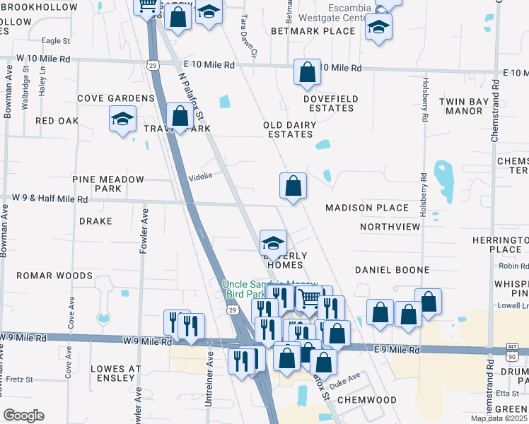 map of restaurants, bars, coffee shops, grocery stores, and more near 55 East 9 1/2 Mile Road in Pensacola