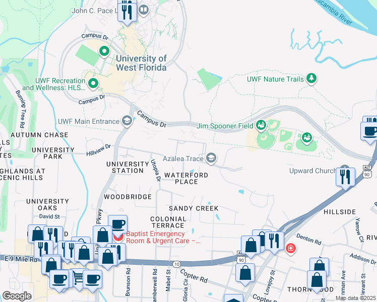 map of restaurants, bars, coffee shops, grocery stores, and more near 10095 Hillview Drive in Pensacola