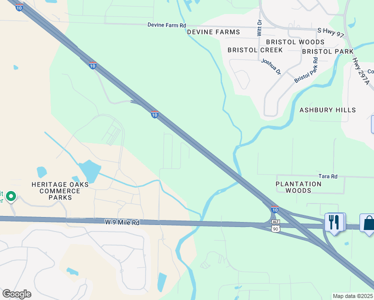 map of restaurants, bars, coffee shops, grocery stores, and more near 9808 Nature Creek Boulevard in Pensacola