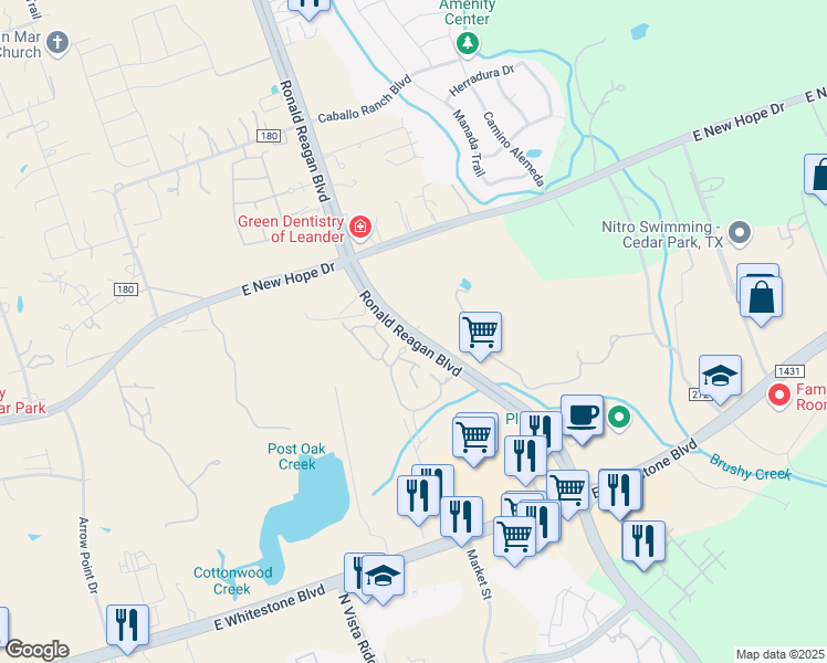 map of restaurants, bars, coffee shops, grocery stores, and more near 1309 Roaring Fork in Cedar Park