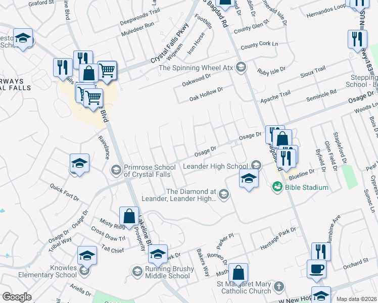 map of restaurants, bars, coffee shops, grocery stores, and more near 2604 Branding Iron Lane in Leander