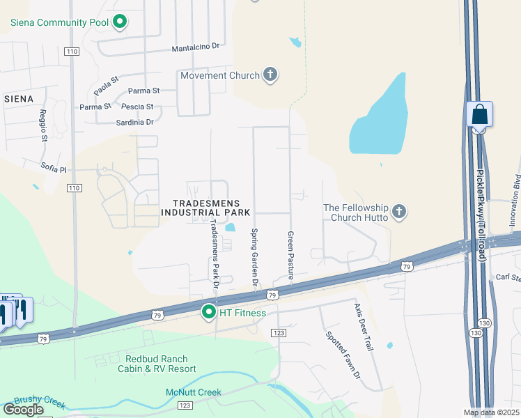 map of restaurants, bars, coffee shops, grocery stores, and more near 202 Spring Garden Drive in Hutto