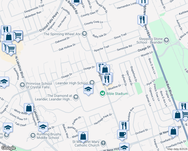 map of restaurants, bars, coffee shops, grocery stores, and more near 38 Verde Ranch Loop in Leander