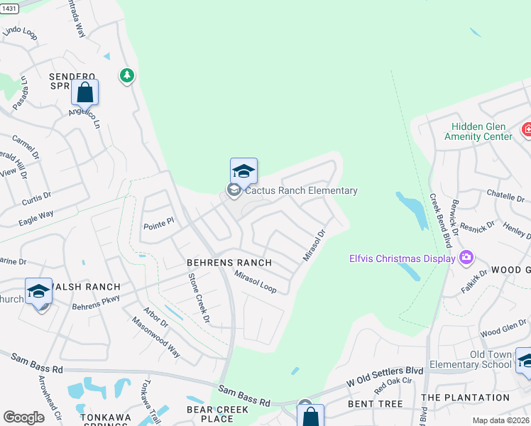 map of restaurants, bars, coffee shops, grocery stores, and more near 3010 Agave Loop in Round Rock