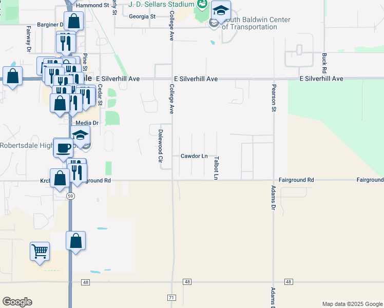 map of restaurants, bars, coffee shops, grocery stores, and more near 21528 Bartlett Ln in Robertsdale