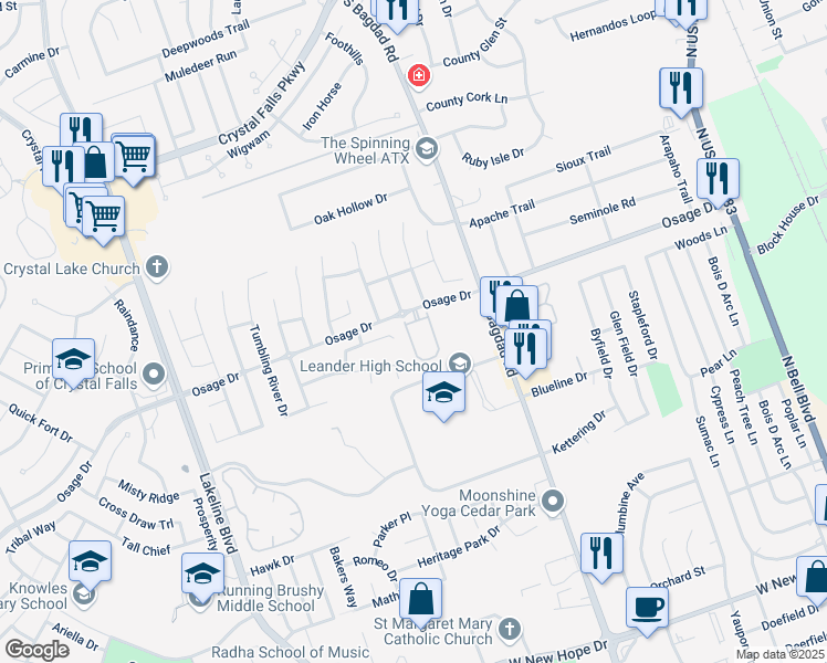 map of restaurants, bars, coffee shops, grocery stores, and more near 98 Verde Ranch Loop in Leander