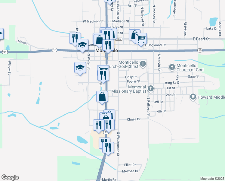 map of restaurants, bars, coffee shops, grocery stores, and more near East Anderson Street in Monticello