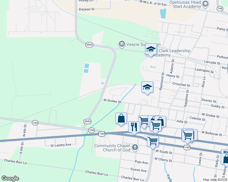 map of restaurants, bars, coffee shops, grocery stores, and more near 2246-2398 Ledoux Cir in Opelousas