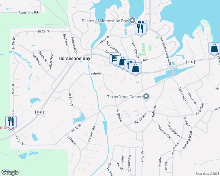 map of restaurants, bars, coffee shops, grocery stores, and more near 618 Hi Stirrup in Horseshoe Bay