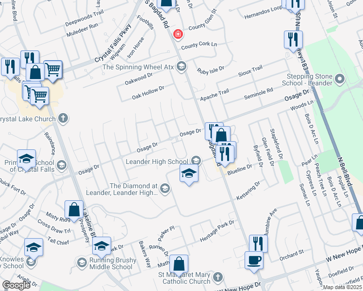 map of restaurants, bars, coffee shops, grocery stores, and more near 17 Verde Ranch Loop in Leander