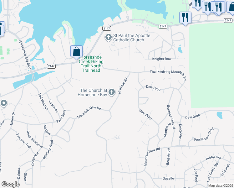 map of restaurants, bars, coffee shops, grocery stores, and more near 600 Hi Ridge Road in Horseshoe Bay