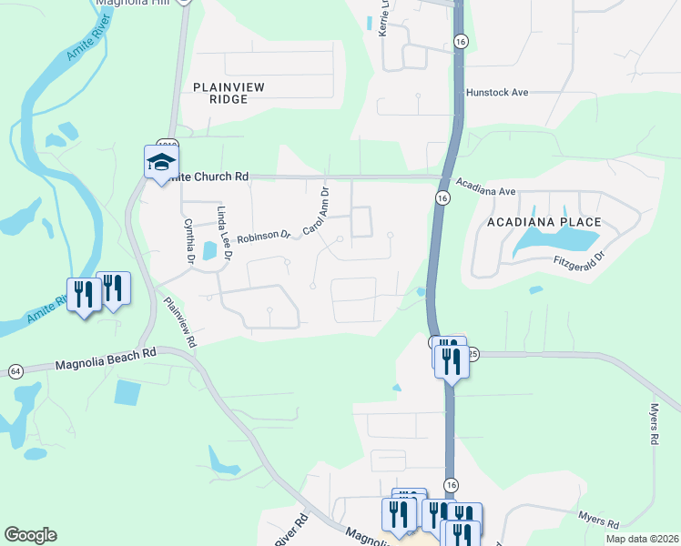 map of restaurants, bars, coffee shops, grocery stores, and more near 7700 Ridgeline Drive in Denham Springs