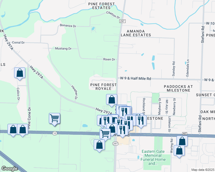 map of restaurants, bars, coffee shops, grocery stores, and more near 2494 Trailwood Drive in Cantonment