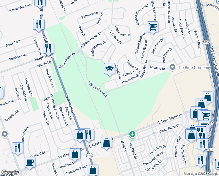 map of restaurants, bars, coffee shops, grocery stores, and more near 401 Creek Run Drive in Leander
