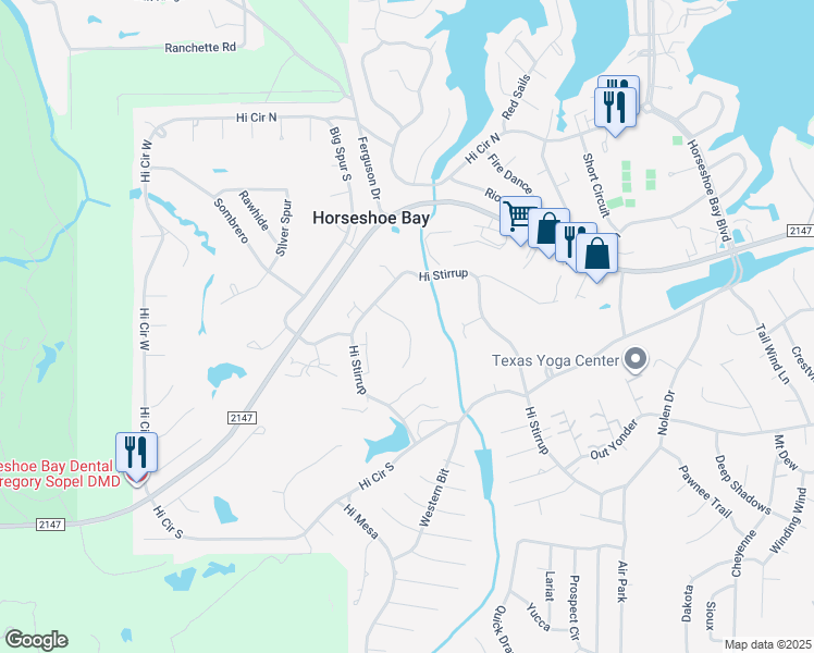 map of restaurants, bars, coffee shops, grocery stores, and more near 114 Lost Spur in Horseshoe Bay
