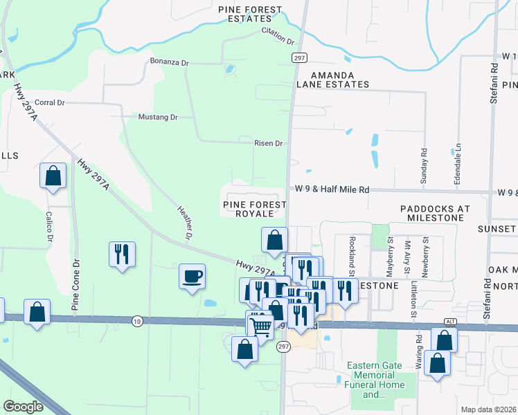 map of restaurants, bars, coffee shops, grocery stores, and more near 2494 Trailwood Drive in Cantonment