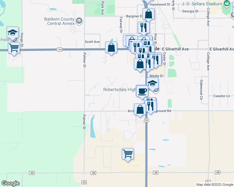 map of restaurants, bars, coffee shops, grocery stores, and more near 21625 Sandy Springs Circle in Robertsdale