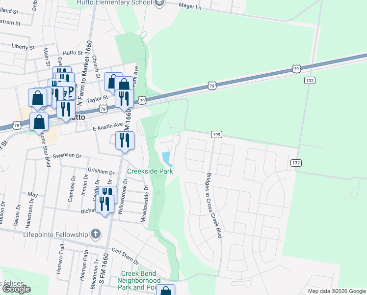 map of restaurants, bars, coffee shops, grocery stores, and more near 300 Babblebrook Way in Hutto