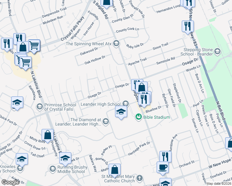 map of restaurants, bars, coffee shops, grocery stores, and more near 90 Verde Ranch Loop in Leander