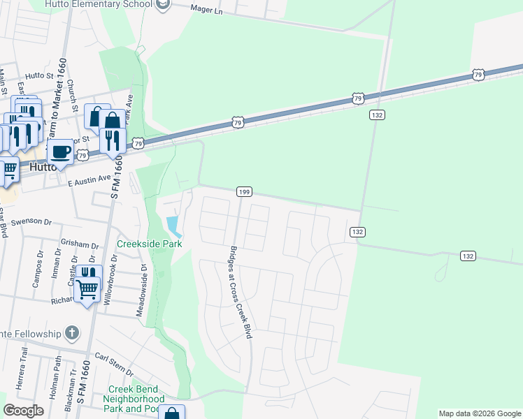 map of restaurants, bars, coffee shops, grocery stores, and more near County Road 199 in Hutto
