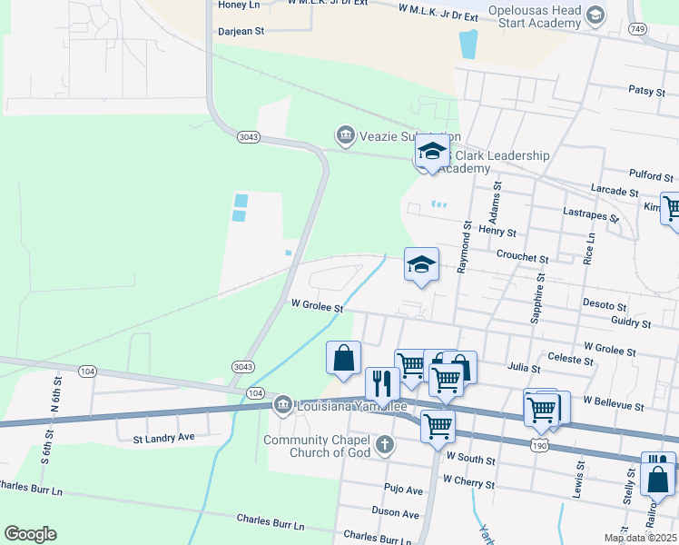 map of restaurants, bars, coffee shops, grocery stores, and more near 2329 Ledoux Circle in Opelousas