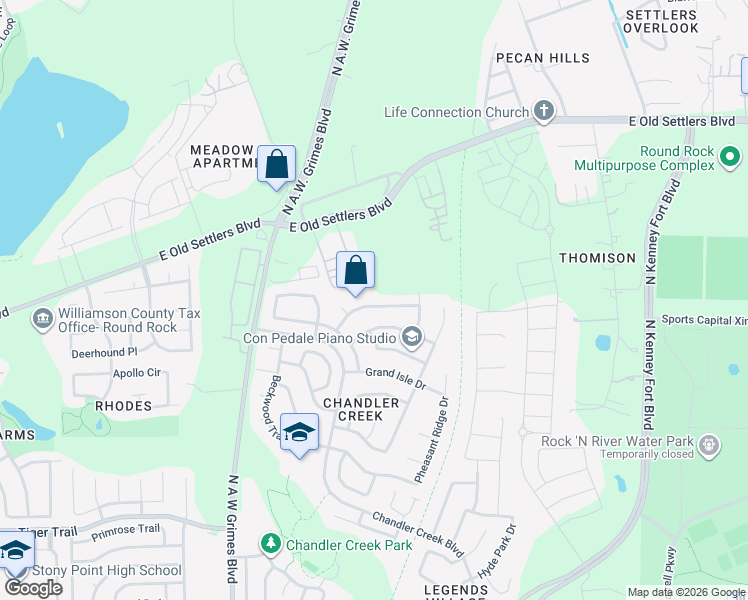 map of restaurants, bars, coffee shops, grocery stores, and more near 218 Chandler Crossing Trail in Round Rock
