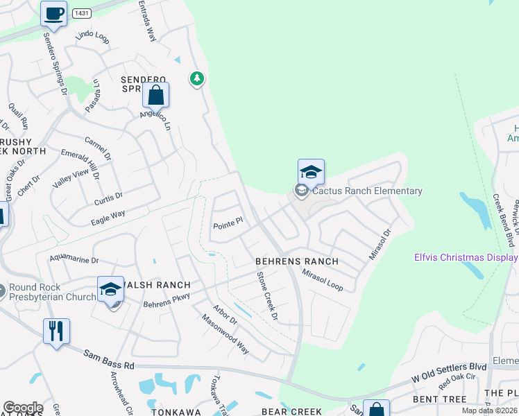 map of restaurants, bars, coffee shops, grocery stores, and more near 2700 Covington Place in Round Rock