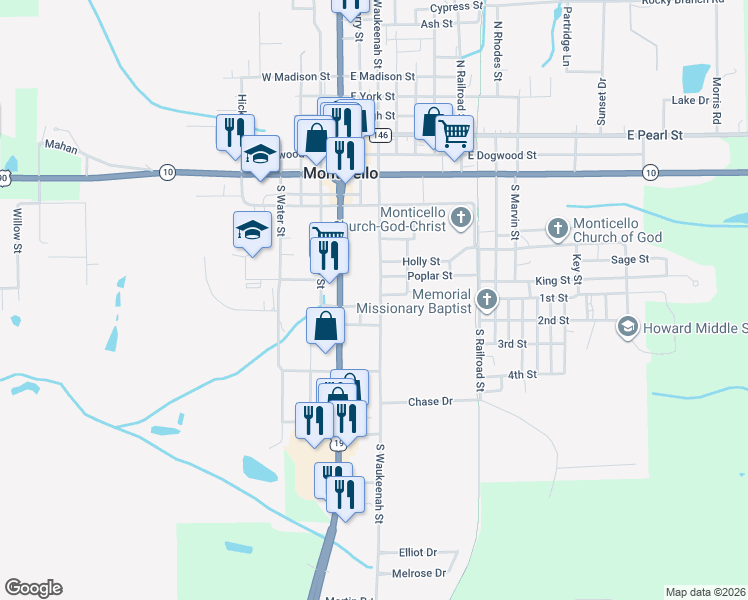 map of restaurants, bars, coffee shops, grocery stores, and more near 685 South Waukeenah Street in Monticello