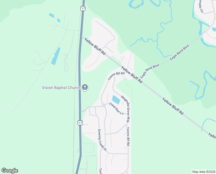 map of restaurants, bars, coffee shops, grocery stores, and more near 16403 Tison Bluff Road in Jacksonville