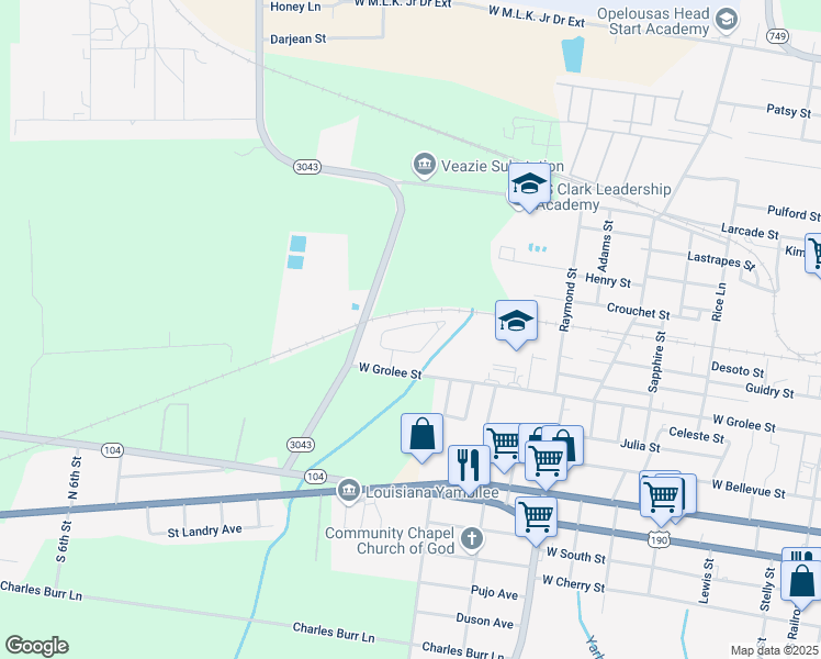map of restaurants, bars, coffee shops, grocery stores, and more near 2329 Ledoux Circle in Opelousas
