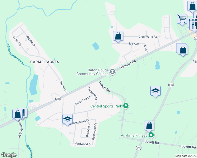 map of restaurants, bars, coffee shops, grocery stores, and more near 10500 Hooper Road in Baton Rouge