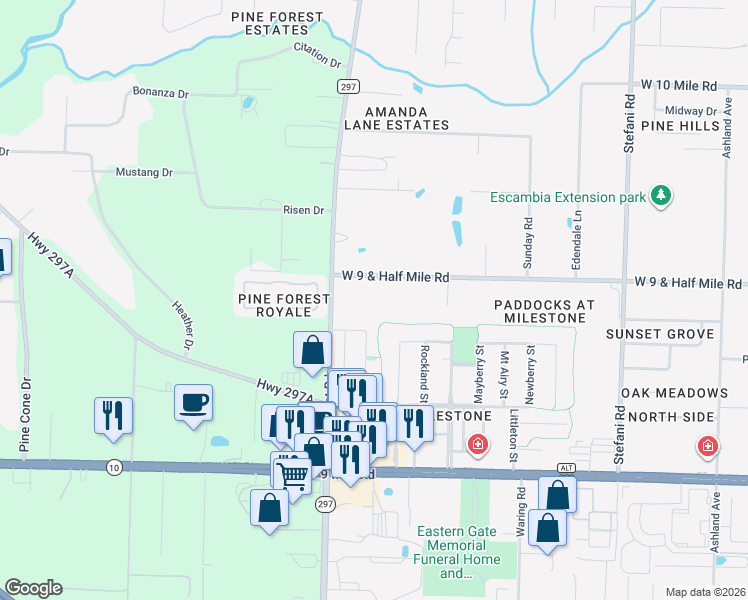 map of restaurants, bars, coffee shops, grocery stores, and more near 1800 West 9 & Half Mile Road in Cantonment