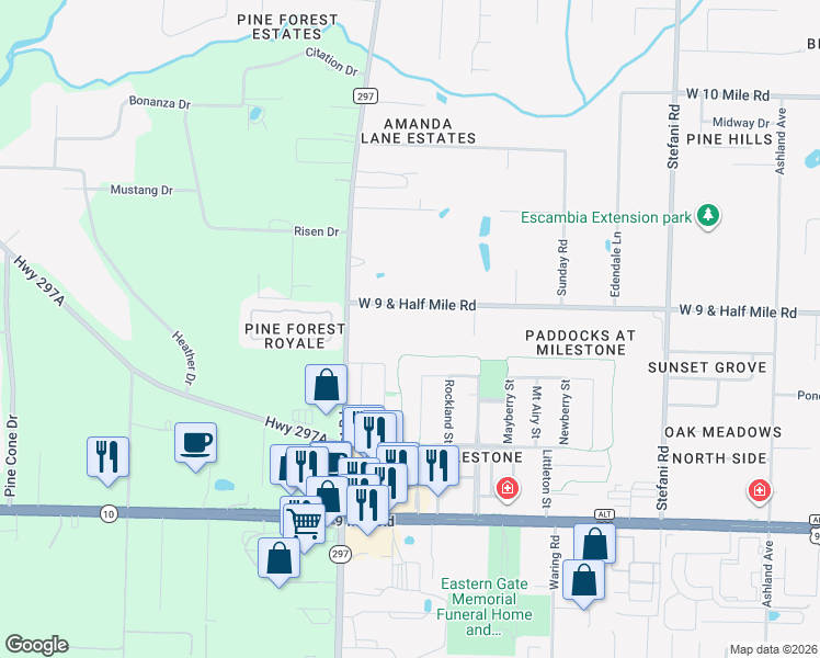 map of restaurants, bars, coffee shops, grocery stores, and more near 1800 West 9 & Half Mile Road in Cantonment