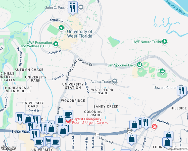 map of restaurants, bars, coffee shops, grocery stores, and more near 10080 Hillview Drive in Pensacola