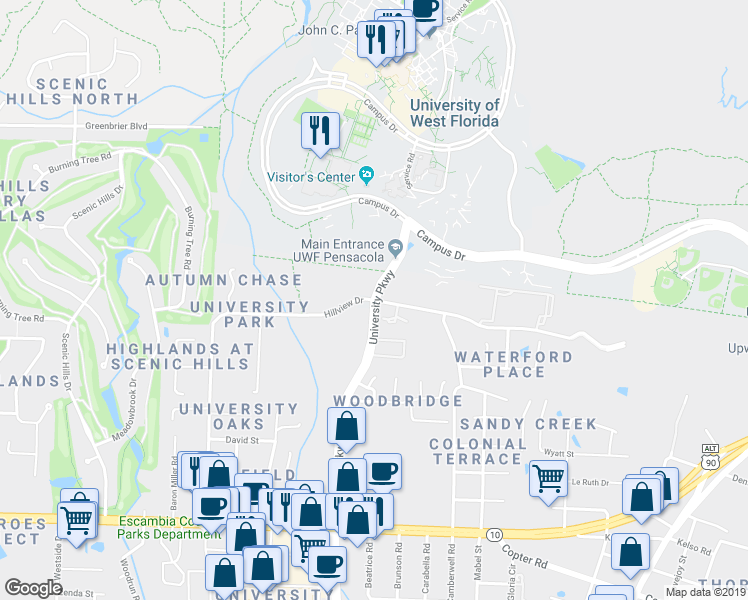 map of restaurants, bars, coffee shops, grocery stores, and more near 9650 Hillview Road in Pensacola