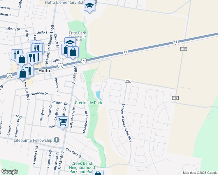 map of restaurants, bars, coffee shops, grocery stores, and more near 300 Babblebrook Way in Hutto
