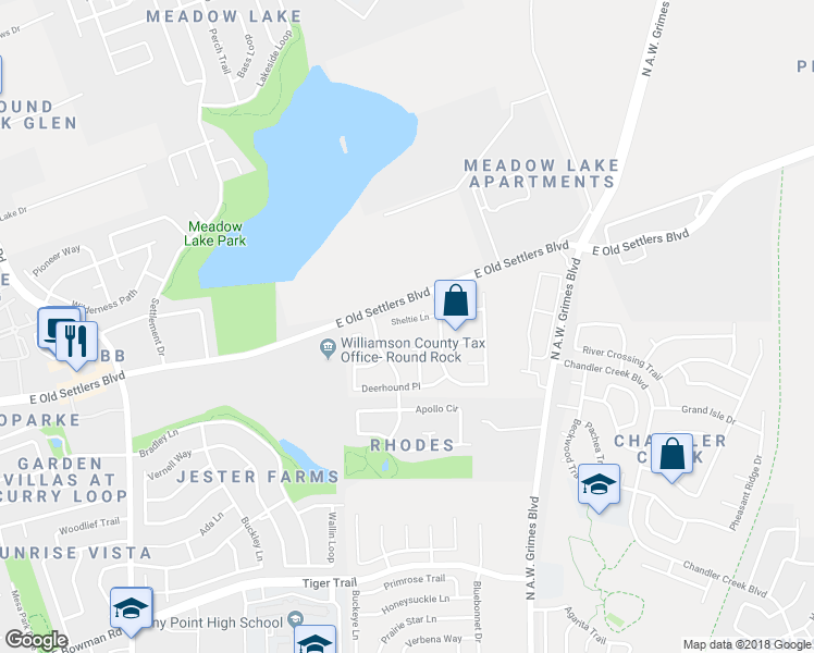 map of restaurants, bars, coffee shops, grocery stores, and more near 1409 Sheltie Lane in Round Rock
