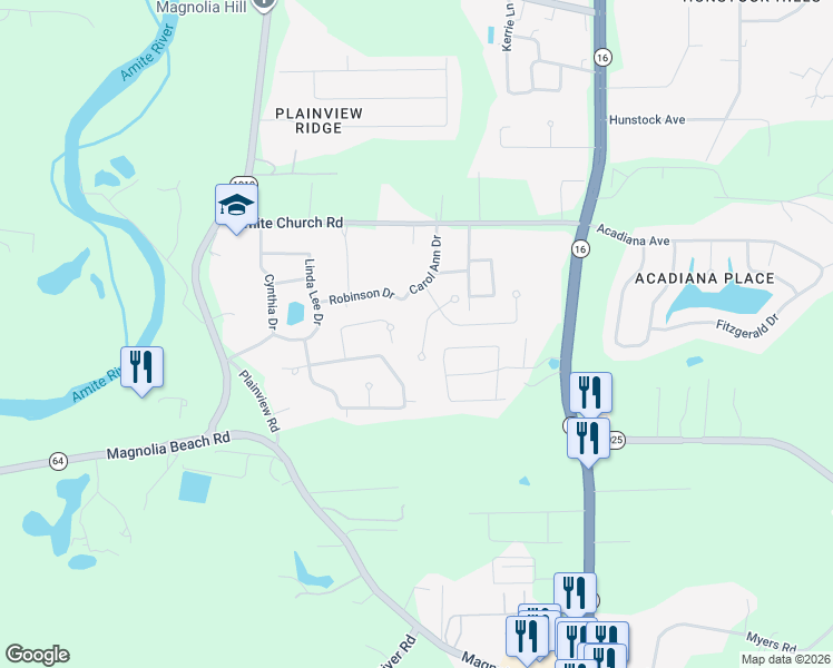 map of restaurants, bars, coffee shops, grocery stores, and more near 32471 Magnolia Court in Denham Springs