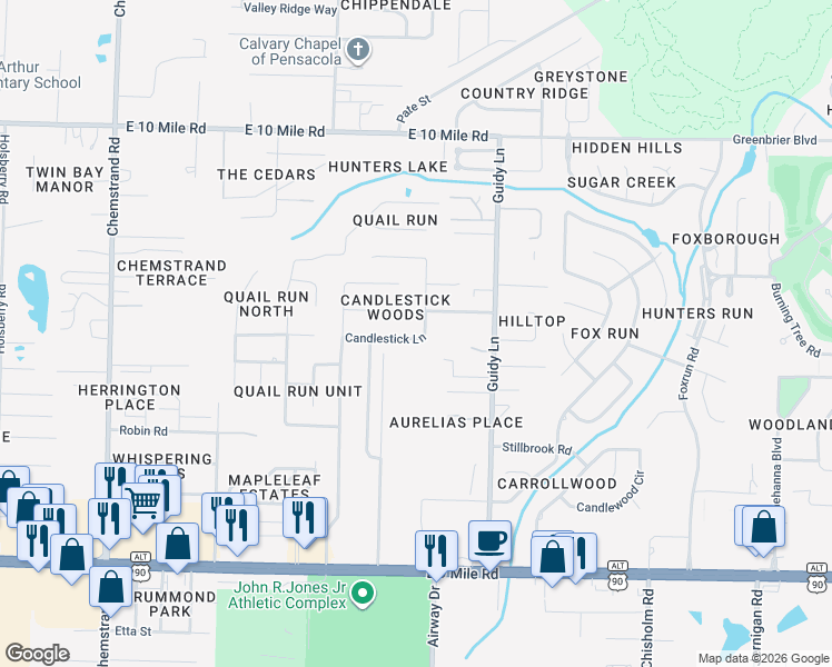 map of restaurants, bars, coffee shops, grocery stores, and more near 9960 Candlestick Lane in Pensacola