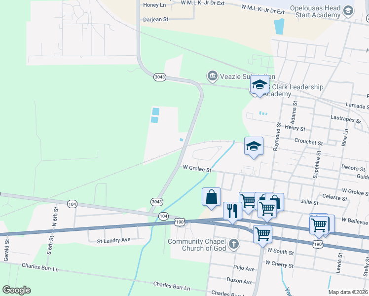 map of restaurants, bars, coffee shops, grocery stores, and more near Louisiana 3043 in Opelousas