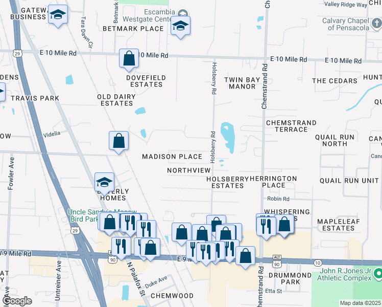 map of restaurants, bars, coffee shops, grocery stores, and more near 657 Edith Lane in Pensacola