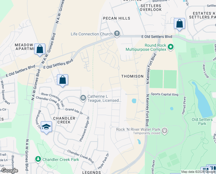 map of restaurants, bars, coffee shops, grocery stores, and more near 2901 East Old Settlers Boulevard in Round Rock