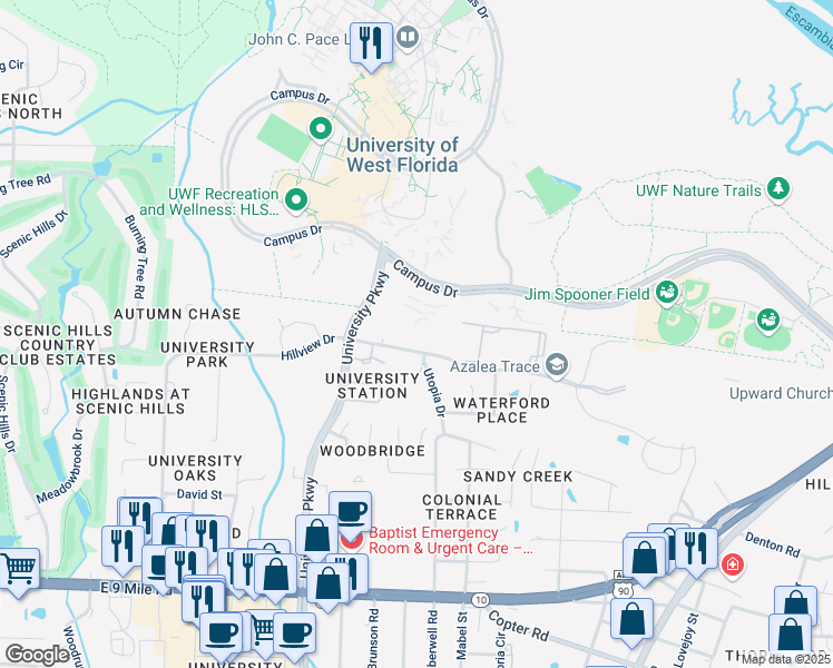 map of restaurants, bars, coffee shops, grocery stores, and more near 10047 University Parkway in Pensacola