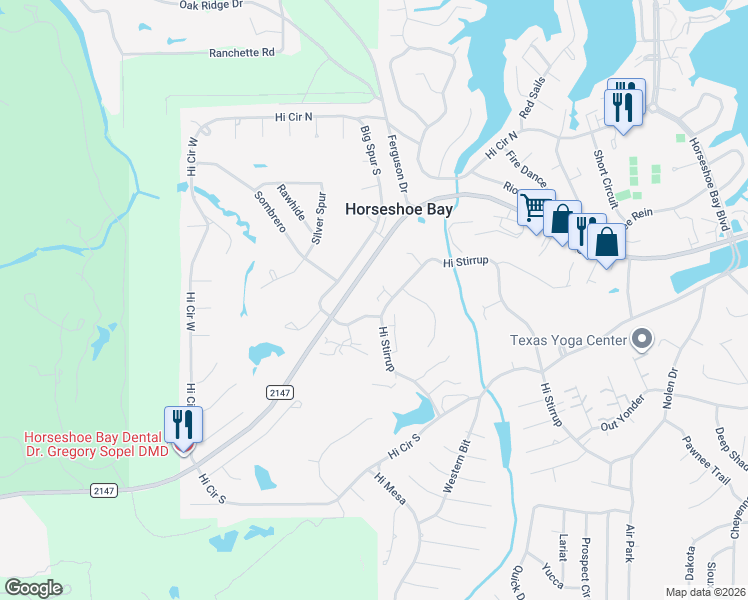map of restaurants, bars, coffee shops, grocery stores, and more near 6 Big Spur South in Horseshoe Bay