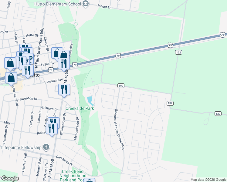 map of restaurants, bars, coffee shops, grocery stores, and more near 356 County Road 199 in Hutto