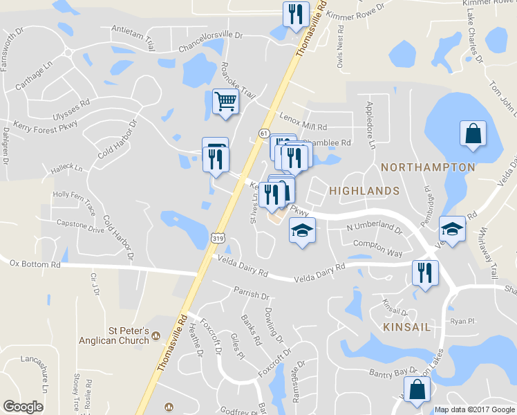 map of restaurants, bars, coffee shops, grocery stores, and more near 5361 St Ives Ln in Tallahassee